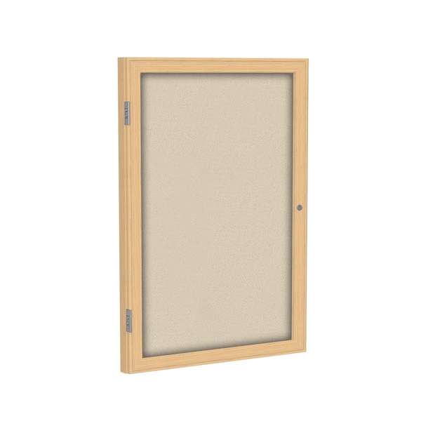 Enclosed Bulletin Board, 1 Door, Fabric, Oak Frame, 2 ft H x 18 in W, Beige